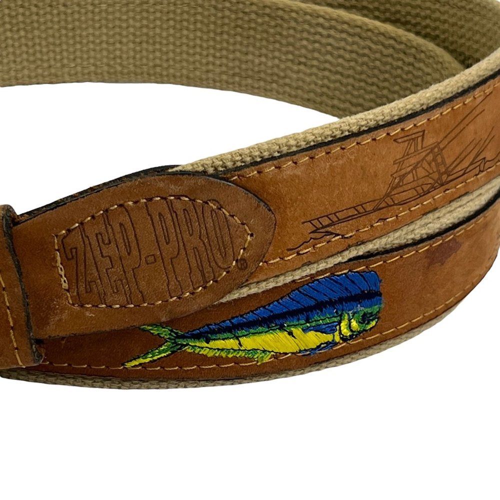 Zep Pro Leather Fishing Mahi & Yacht Embroidered Mens 44 Belt USA Made - Picture 2 of 8